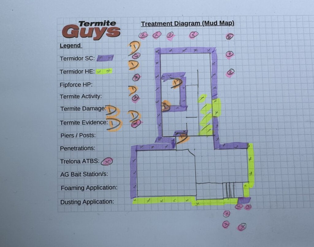 Termite treatment diagram for 5 Dundas Street Ormiston showing Trelona ATBS bait stations, Termidor SC, Termidor HE, termite activity, evidence, and suspected damage points around the home