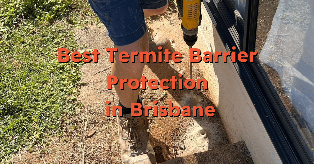 Technician drilling holes in the ground for termite barrier protection in Brisbane residential property