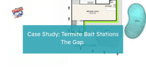 Mud map case study showing the layout of termite bait stations installed around a Brisbane home with garage, living area, patio, and pool.