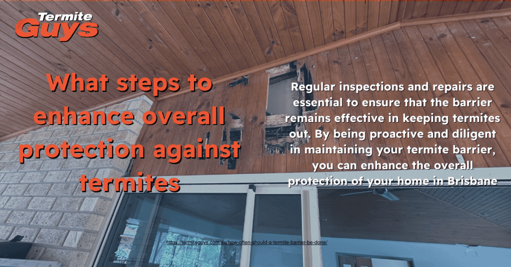 To enhance protection against termites in Brisbane homes, homeowners should:

    Schedule annual professional termite inspections.
    Install and maintain termite barriers around the property.
    Eliminate wood-soil contact and reduce moisture by fixing leaks and ensuring proper drainage.
    Clear debris and foliage from around the home.
    Monitor and maintain wooden structures regularly to catch early signs of termite activity.