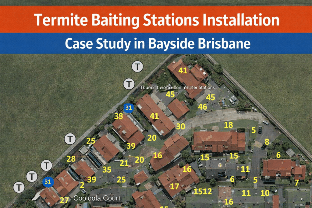 Aerial view of termite baiting stations installation at Cooloola Court, a lowset housing complex in Wynnum, Bayside Brisbane.