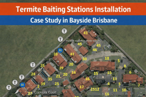 Aerial view of termite baiting stations installation at Cooloola Court, a lowset housing complex in Wynnum, Bayside Brisbane.