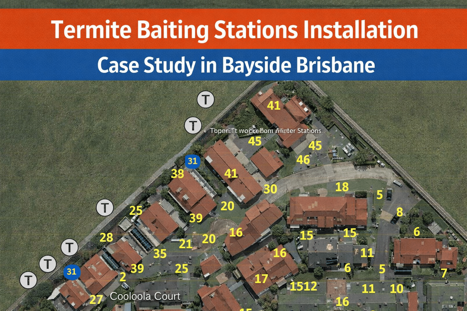 Aerial view of termite baiting stations installation at Cooloola Court, a lowset housing complex in Wynnum, Bayside Brisbane.