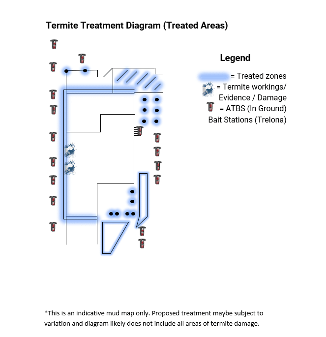 Termite treatment diagram for 28 Barton Street, Sandgate, showing treated zones, termite workings and in-ground bait stations around the home.