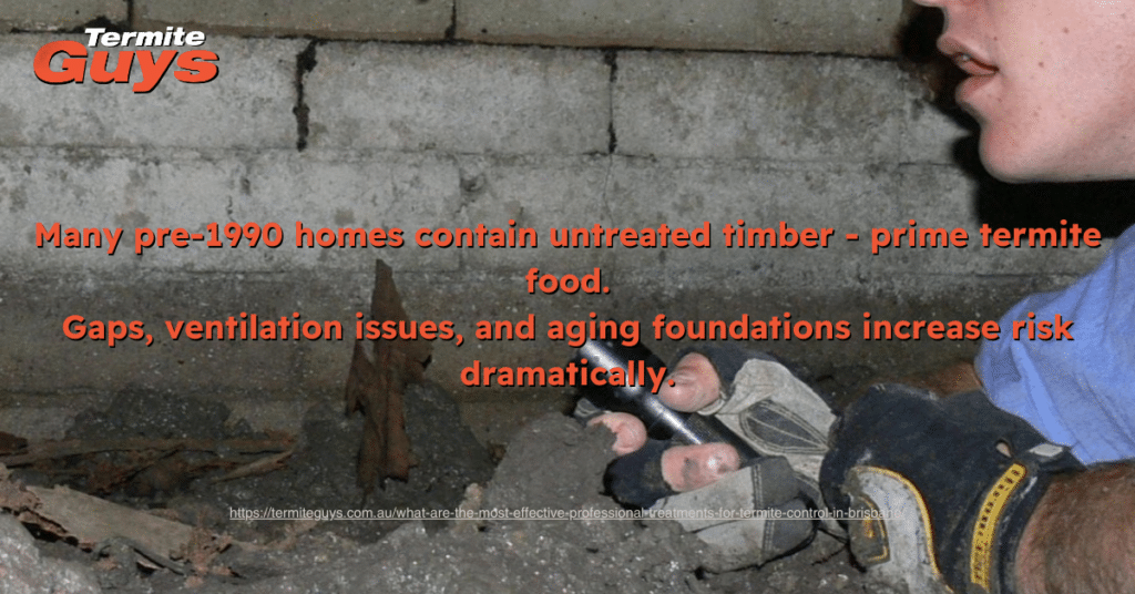 Older pre-1990 timber home with untreated wood and ventilation gaps, showing structural features that increase termite risk.