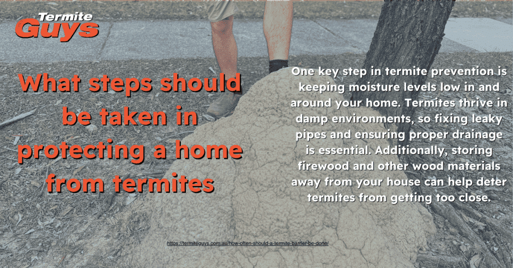 GPT

To protect a home against termites, homeowners should schedule regular professional inspections, install chemical or physical barriers, and maintain a dry, well-ventilated environment. Removing wood-to-soil contact, storing firewood away from the house, and ensuring gutters and downspouts are clear to avoid moisture buildup are also key preventive measures. Immediate treatment of any detected infestations is crucial.